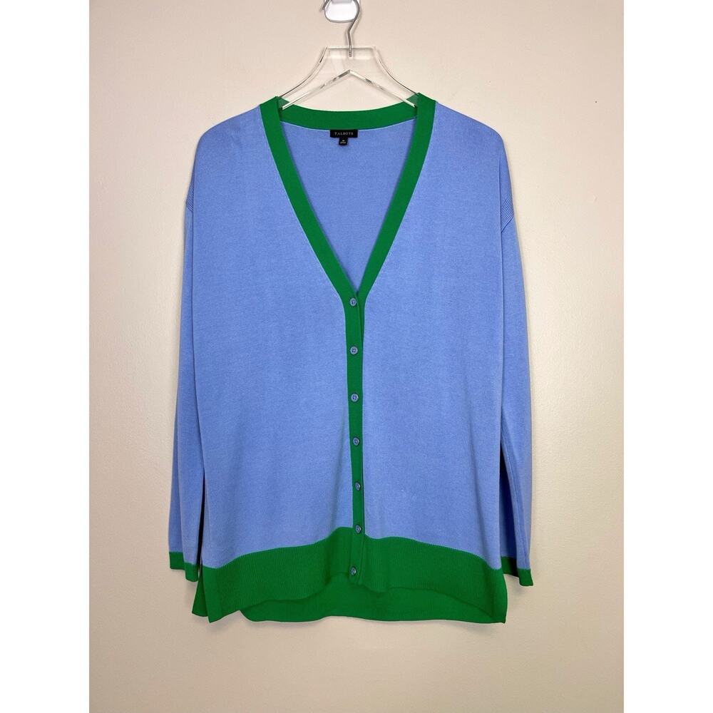 NWOT Talbots Blue Green Colorblock Cotton Blend Cardigan Sweater Preppy Medium